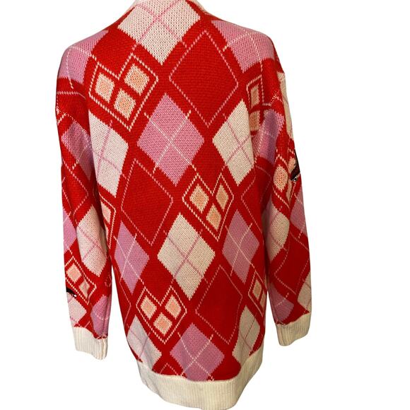 DC‎ Comics Harley Quinn Diamond Argyle Red Pink White Cardigan Size SM - Picture 2 of 9